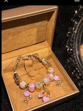 Gold-Tone Pink Cherry Charm Bracelet - Floral Dangle Bracelet
